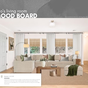 K&ouml;nnte beinhalten: Ein digitales Interior-Design-Moodboard mit dem Titel Dao's living room MOOD BOARD, das ein beiges Ecksofa mit gr&uuml;nen und rosa Kissen, einen Couchtisch aus Holz, einen beigen Hocker mit gr&uuml;nem &Uuml;berwurf und einen Holzkonsolentisch zeigt.