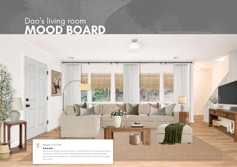 K&ouml;nnte beinhalten: Ein digitales Interior-Design-Moodboard mit dem Titel Dao's living room MOOD BOARD, das ein beiges Ecksofa mit gr&uuml;nen und rosa Kissen, einen Couchtisch aus Holz, einen beigen Hocker mit gr&uuml;nem &Uuml;berwurf und einen Holzkonsolentisch zeigt.