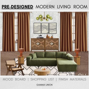Paquete de sala de estar prediseñado, diseño de sala familiar moderna de mediados de siglo, diseño de interiores en línea, tablero de ideas, servicio de diseño virtual, diseño electrónico