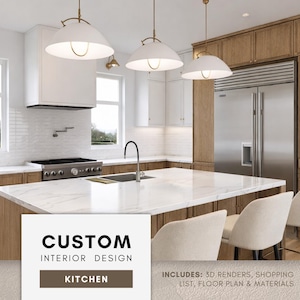 May include: A kitchen interior design featuring light wood cabinetry, a white marble island, and three white pendant lights. Text reads: CUSTOM INTERIOR DESIGN KITCHEN. INCLUDES: 3D RENDERS, SHOPPING LIST, FLOOR PLAN & MATERIALS.