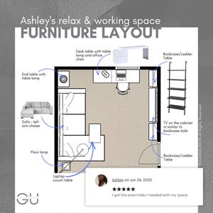 K&ouml;nnte beinhalten: Ein M&ouml;bel-Layout-Diagramm f&uuml;r einen Entspannungs- und Arbeitsbereich, beschriftet mit M&ouml;belnamen wie Schreibtisch, Sofa und B&uuml;cherregal. Das Diagramm enth&auml;lt eine Kundenbewertung und den Text "Ashley's relax & working space FURNITURE LAYOUT."