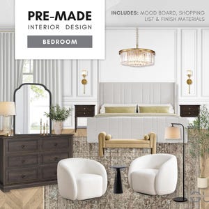 Dormitorio elegante prediseñado: Diseño de interiores clásico moderno: tablero de inspiración estética, lista de compras seleccionada y materiales de acabado económicos