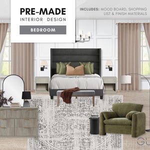 Chambre à coucher terreuse préfabriquée : décoration d'intérieur moderne inspirée de la nature - tableau d'ambiance esthétique, liste de courses sélectionnée et matériaux de finition abordables