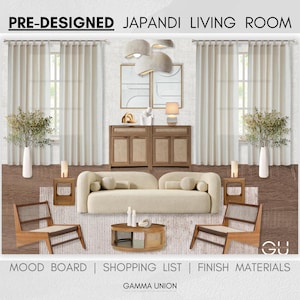 Paquete de sala de estar prediseñado, diseño de sala familiar Japandi, Japandi, diseño de interiores en línea, tablero de estado de ánimo, servicio de diseño virtual, diseño electrónico