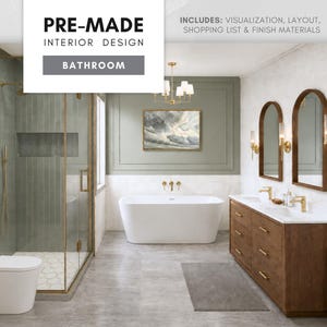 May include: A pre-made bathroom interior design concept. The image showcases a modern bathroom with a white bathtub, a glass shower, and a double vanity with two mirrors. The design includes visualization, layout, shopping list, and finish materials.