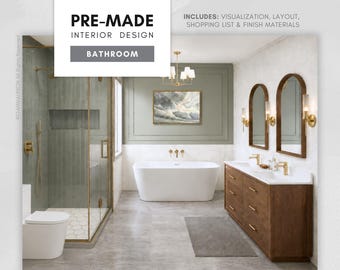 May include: A pre-made bathroom interior design concept. The image showcases a modern bathroom with a white bathtub, a glass shower, and a double vanity with two mirrors. The design includes visualization, layout, shopping list, and finish materials.