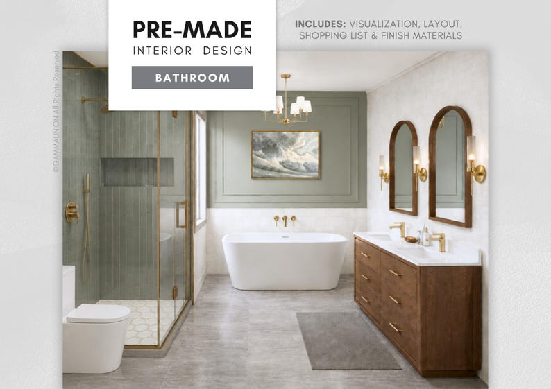 May include: A pre-made bathroom interior design concept. The image showcases a modern bathroom with a white bathtub, a glass shower, and a double vanity with two mirrors. The design includes visualization, layout, shopping list, and finish materials.