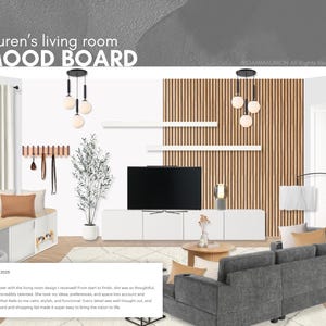 K&ouml;nnte beinhalten: Ein Wohnzimmer-Moodboard mit einem grauen Ecksofa, einem wei&szlig;en Medienboard, einem Fernseher, zwei Kugel-Pendelleuchten, einer Wandverkleidung aus Holzlatten, einer hohen Topfpflanze, einem runden Couchtisch und einer Wandgarderobe mit Haken.