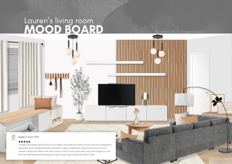 K&ouml;nnte beinhalten: Ein Wohnzimmer-Moodboard mit einem grauen Ecksofa, einem wei&szlig;en Medienboard, einem Fernseher, zwei Kugel-Pendelleuchten, einer Wandverkleidung aus Holzlatten, einer hohen Topfpflanze, einem runden Couchtisch und einer Wandgarderobe mit Haken.