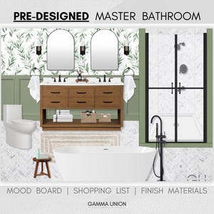 Baño ecológico prediseñado: paquete maestro moderno con tablero de ideas, lista de compras y materiales de acabado