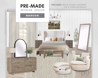 Pre-designed Cozy Bedroom: Modern Farmhouse Interior Design - Aesthetic Mood Board, Curated Shopping List & Budget-friendly Finish Materials