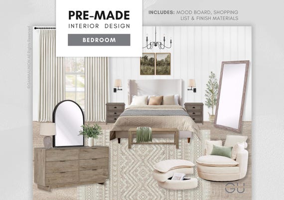 Pre-made Farmhouse Bedroom: Mood Board, Shopping List with Paint & Finish Materials Selections - Modern Interior Design