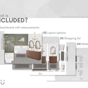 May include: An image with the text "what is INCLUDED?" and the numbers 01 through 04. The image includes a mood board, layout options, a shopping list, and materials. The mood board shows a bathroom design with measurements.