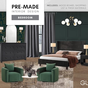 Dormitorio prediseñado con un toque de atmósfera: Paquete de diseño de interiores moderno: tablero de inspiración estética, lista de compras seleccionada y materiales de acabado económicos.