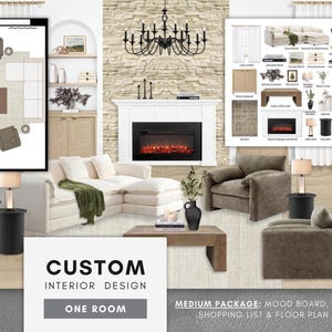 Diseño de interiores personalizado - UNA HABITACIÓN - Paquete mediano: Tablero de inspiración, lista de compras y plano de distribución de muebles - Servicio de diseño de interiores virtual
