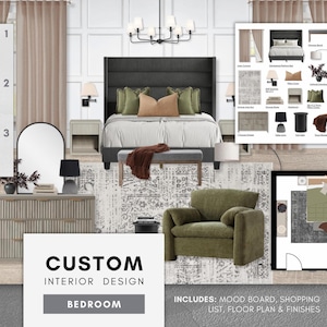 Diseño de interiores personalizado - DORMITORIO - Tablero de inspiración, lista de compras, plano de planta y pintura y acabados - Servicio de decoración virtual para el hogar