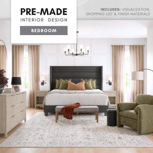 May include: A pre-made interior design bedroom package featuring a dark gray upholstered bed, light wood dresser, olive green armchair, and a patterned area rug. Includes visualization, shopping list, and finish materials text overlay.