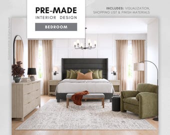 May include: A pre-made interior design bedroom package featuring a dark gray upholstered bed, light wood dresser, olive green armchair, and a patterned area rug. Includes visualization, shopping list, and finish materials text overlay.