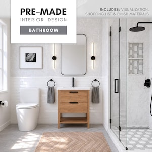 Pode incluir: Um design de casa de banho moderno com sanita branca, uma bancada de madeira com torneira preta e um box de duche de vidro. A sala inclui uma impressão de samambaia emoldurada, um tapete e acessórios pretos. O texto na imagem diz "PRE-MADE INTERIOR DESIGN BATHROOM".