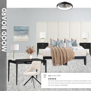 K&ouml;nnte beinhalten: Ein digitales Interior-Design-Moodboard mit dem Titel Keely's guest room MOOD BOARD, das ein Bett mit hohem cremefarbenem Kopfteil, schwarze Nachttische, Tischlampen, einen schwarzen Schreibtisch mit cremefarbenem Drehstuhl, einen Spiegel und einen Deckenventilator zeigt.