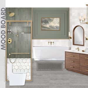 May include: A master bathroom mood board featuring a modern design. The room includes a white bathtub, a wooden vanity with gold hardware, and two arched mirrors. The color scheme is neutral with green and gold accents.