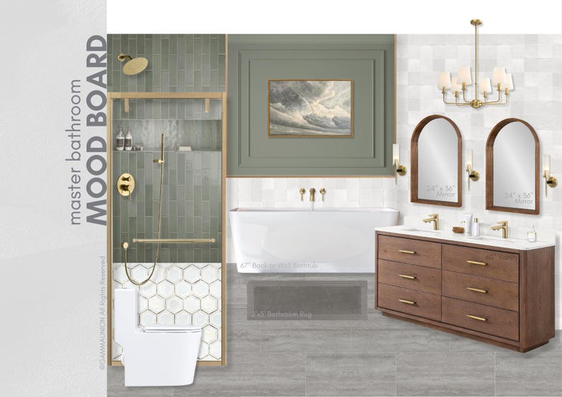 May include: A master bathroom mood board featuring a modern design. The room includes a white bathtub, a wooden vanity with gold hardware, and two arched mirrors. The color scheme is neutral with green and gold accents.