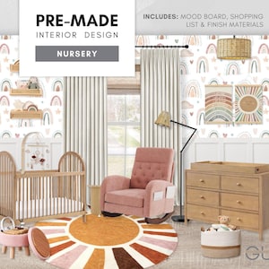Habitación infantil rosa prediseñada: paquete boho moderno con tablero de ideas, lista de compras y materiales de acabado