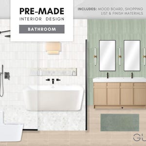 Baño prediseñado en color salvia: servicio de diseño de interiores minimalista: tablero de inspiración estética, lista de compras personalizada y materiales de acabado asequibles.