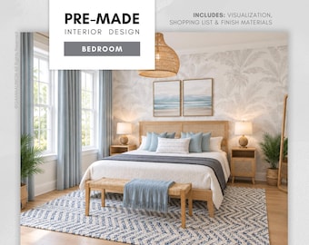 May include: A bedroom interior design featuring a wooden bed frame with a cane headboard, light blue curtains, a woven bench, and a patterned rug. Text reads: PRE-MADE INTERIOR DESIGN BEDROOM. INCLUDES: VISUALIZATION, SHOPPING LIST & FINISH MATERIALS.