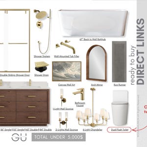 May include: A collection of bathroom fixtures and accessories, including a semi-frameless shower door, a 67-inch back-to-wall bathtub, a vanity with a top, and a dual-flush toilet. Other items include a shower system, wall art, and lighting.
