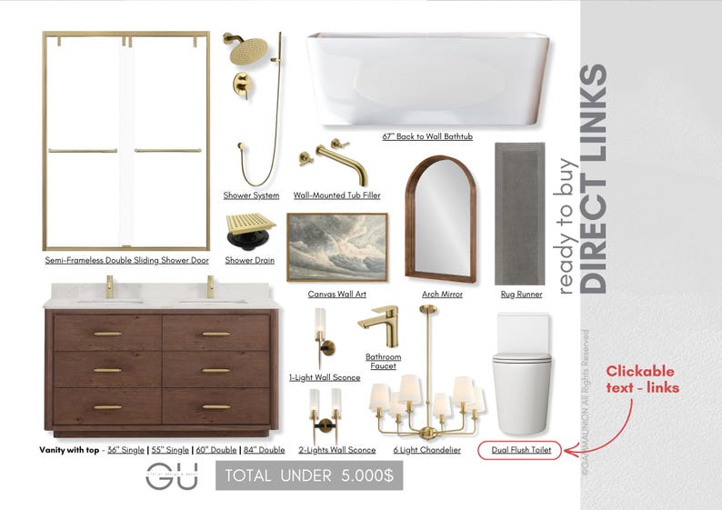 May include: A collection of bathroom fixtures and accessories, including a semi-frameless shower door, a 67-inch back-to-wall bathtub, a vanity with a top, and a dual-flush toilet. Other items include a shower system, wall art, and lighting.