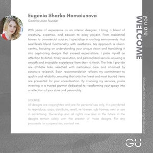 K&ouml;nnte beinhalten: Visitenkarten-Design mit Eugenia Sharko-Hamaiunova, Gr&uuml;nderin von Gamma Union. Die Karte enth&auml;lt ein Foto, Text und die Worte "You are Welcome". Der Hintergrund ist ein Grauton.