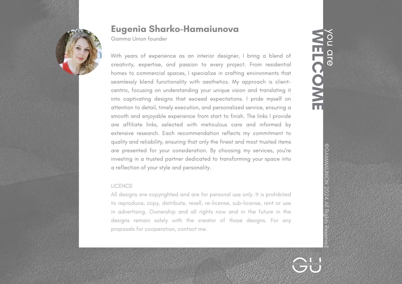 K&ouml;nnte beinhalten: Visitenkarten-Design mit Eugenia Sharko-Hamaiunova, Gr&uuml;nderin von Gamma Union. Die Karte enth&auml;lt ein Foto, Text und die Worte "You are Welcome". Der Hintergrund ist ein Grauton.