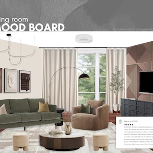 K&ouml;nnte beinhalten: Ein Wohnzimmer-Moodboard mit einem salbeigr&uuml;nen Sofa, einem braunen Sessel, einem runden Marmor-Couchtisch, zwei beigen Hockern, einer schwarzen Stehlampe, einem linearen Kronleuchter, drei gerahmten Wandbildern und einem Fernseher an einer strukturierten Wand.