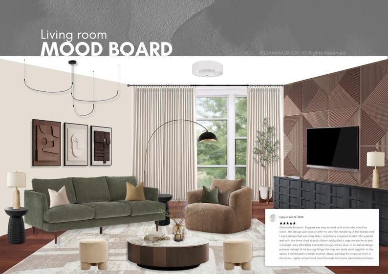 K&ouml;nnte beinhalten: Ein Wohnzimmer-Moodboard mit einem salbeigr&uuml;nen Sofa, einem braunen Sessel, einem runden Marmor-Couchtisch, zwei beigen Hockern, einer schwarzen Stehlampe, einem linearen Kronleuchter, drei gerahmten Wandbildern und einem Fernseher an einer strukturierten Wand.