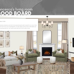 K&ouml;nnte beinhalten: Ein digitales Moodboard mit dem Titel Francesca's living room MOOD BOARD, das ein wei&szlig;es Sofa, zwei olivgr&uuml;ne Sessel, einen Kamin mit Spiegel, einen Couchtisch, einen Teppich, Lampen, einen Fernseher und ein F&uuml;nf-Sterne-Kundenbewertungsfeld zeigt.
