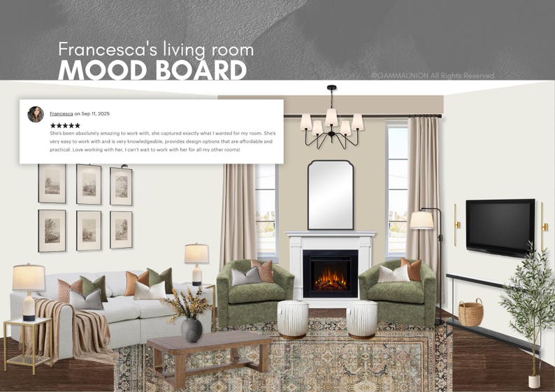 K&ouml;nnte beinhalten: Ein digitales Moodboard mit dem Titel Francesca's living room MOOD BOARD, das ein wei&szlig;es Sofa, zwei olivgr&uuml;ne Sessel, einen Kamin mit Spiegel, einen Couchtisch, einen Teppich, Lampen, einen Fernseher und ein F&uuml;nf-Sterne-Kundenbewertungsfeld zeigt.