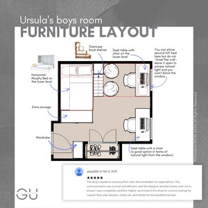 K&ouml;nnte beinhalten: Detaillierter M&ouml;belplan f&uuml;r ein Jungenzimmer mit horizontalem Murphy-Bett, Schreibtisch mit Stuhl, Treppenregalen und zus&auml;tzlichem Stauraum. Der Plan enth&auml;lt den Text "Ursula's boys room FURNITURE LAYOUT".