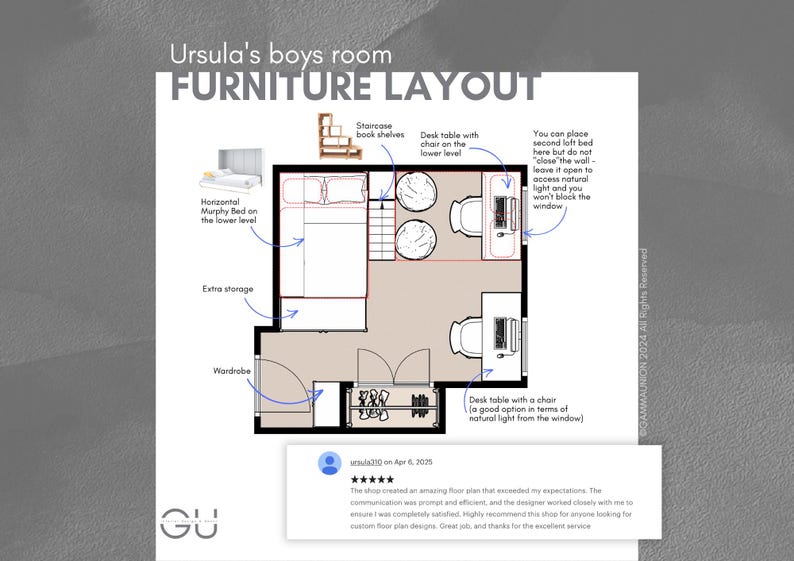 K&ouml;nnte beinhalten: Detaillierter M&ouml;belplan f&uuml;r ein Jungenzimmer mit horizontalem Murphy-Bett, Schreibtisch mit Stuhl, Treppenregalen und zus&auml;tzlichem Stauraum. Der Plan enth&auml;lt den Text "Ursula's boys room FURNITURE LAYOUT".
