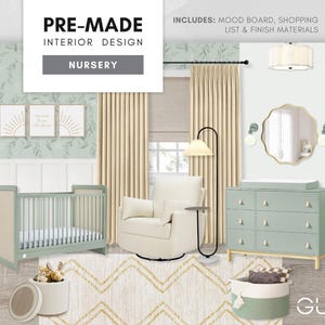 Habitación infantil prediseñada en color salvia: diseño interior moderno y neutro en cuanto a género: tablero de inspiración estético, lista de compras seleccionada y materiales de acabado asequibles.