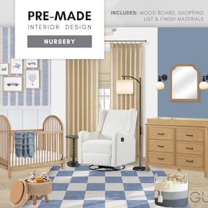May include: A pre-made nursery interior design concept with a crib, dresser, and armchair. The room has a blue and white colour scheme, with a checkered rug and framed artwork. The design includes a mood board, shopping list, and finish materials.