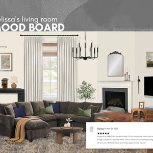 K&ouml;nnte beinhalten: Ein Wohnzimmer-Moodboard mit einem dunkelgrauen Ecksofa, einem Couchtisch aus Holz, einem schwarzen Konsolentisch mit zwei gr&uuml;nen Hockern, einem Kamin mit Spiegel, einem Fernseher, einem Kronleuchter und wei&szlig;en Vorh&auml;ngen, beschriftet als Melissa's living room MOOD BOARD.