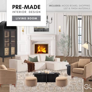 Sala de estar prediseñada: Diseño de interiores clásico moderno: tablero de inspiración estética, lista de compras seleccionada y materiales de acabado económicos