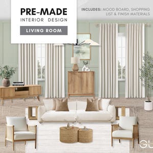 Sala de estar neutra prefabricada: Diseño de interiores orgánico moderno: tablero de inspiración estética, lista de compras seleccionada y materiales de acabado asequibles