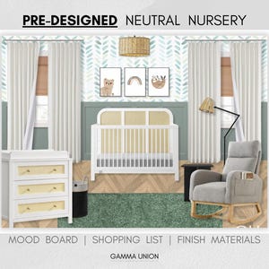 Habitación infantil verde prediseñada: paquete neutro moderno con tablero de ideas, lista de compras y materiales de acabado