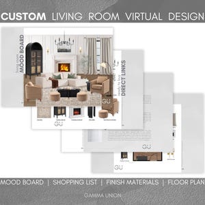 Diseño de interiores de sala de estar PERSONALIZADO: Servicio en línea con panel de inspiración, lista de compras, plano de planta y materiales de acabado - Proyecto de hogar personalizado