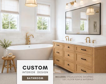 Peut inclure: Un intérieur de salle de bain avec une baignoire îlot blanche aux robinets dorés, un meuble-lavabo double en bois clair avec poignées noires, un grand miroir rectangulaire et un petit tabouret en bois avec une plante, marqué CUSTOM INTERIOR DESIGN BATHROOM.