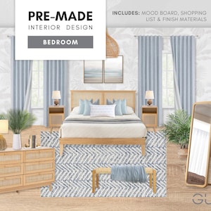 Dormitorio costero prediseñado: Diseño de interiores playero moderno: tablero de inspiración estética, lista de compras seleccionada y materiales de acabado económicos