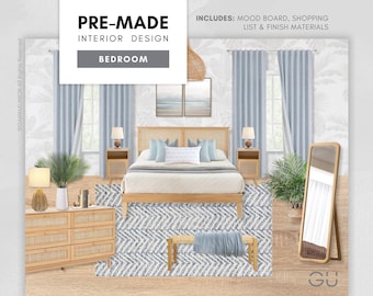 Pre-made Coastal Bedroom: Modern Beachy Interior Design - Aesthetic Mood Board, Curated Shopping List & Budget-friendly Finish Materials
