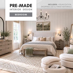 May include: A pre-made interior design bedroom concept featuring a bed with neutral bedding, a wooden bench, a patterned area rug, a dresser, two nightstands, a chandelier, wall sconces, a round chair, and an ottoman with text PRE-MADE INTERIOR DESIGN BEDROOM.